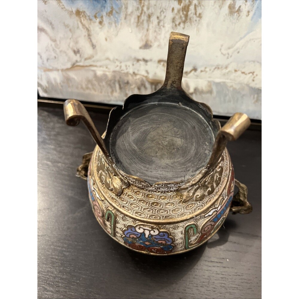 Qianlong Marked Copper Cloisonne Dragon Beast 2 Ear Incense Burner Censer - Picture 14 of 16
